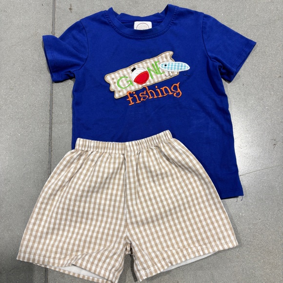 monkey b designs Other - Monkey B Designs Blue “Gone Fishing” with Gingham Shorts 4T